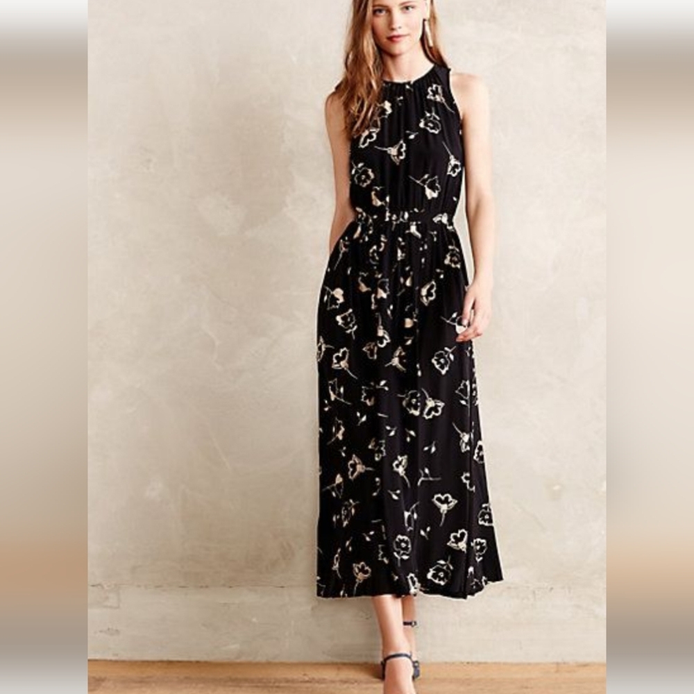 Anthropologie Viola Elegant Black pleated Floral Midi Dress